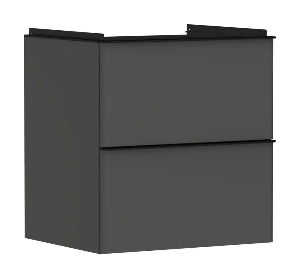 Waschtischunterschrank in Diamantgrau Matt mit zwei Schubkästen. Schlichtes Design, geeignet für die Kombination mit Hansgrohe Produkten.